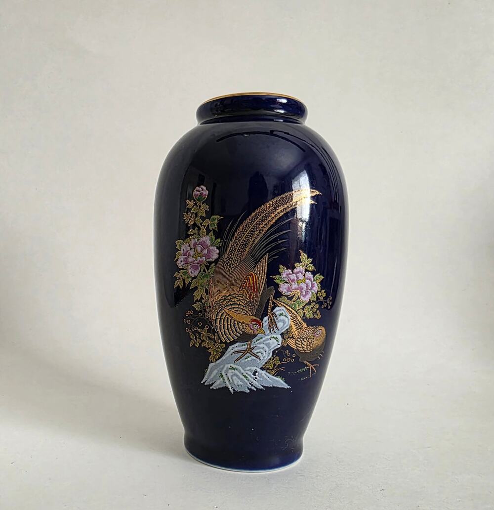 Japanese Blue Porcelain Vase Pheasant Floral Gold Accents